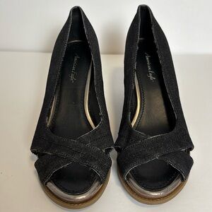 American Eagle Black Denim Open Peep Toe Wedge Sandals Size 8W